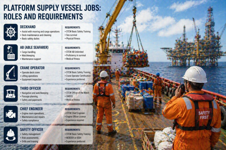 Offshore supply vessel deck with a crane, crew in orange PPE, and a jobs-and-requirements overlay for supply vessel roles