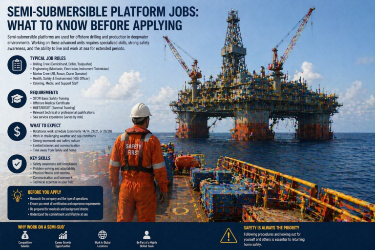 Seafarer in orange coveralls and a hard hat on a supply vessel looking toward a large offshore platform; banner text about submersible platform jobs