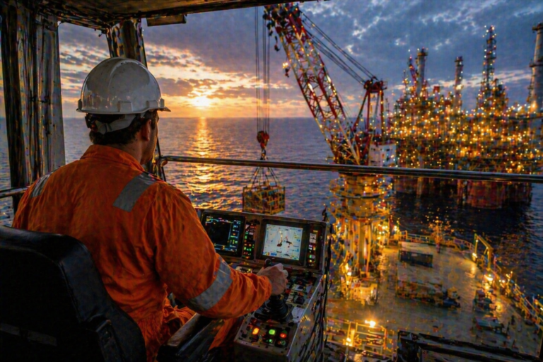 Offshore control room on a ship: operator at console with screens and a platform visible through the window at sunset