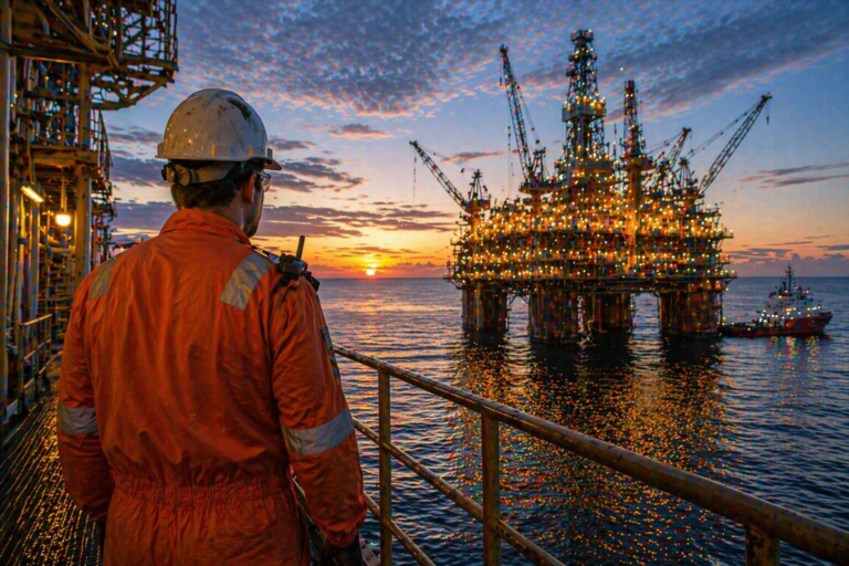 Offshore worker in orange safety gear at dusk, watching a brightly lit oil and gas platform from a vessel or platform deck