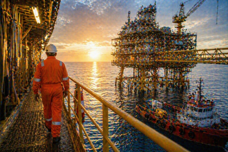 Offshore worker in orange coveralls and a hard hat on a yellow-railed walkway at sunset, facing a silhouetted oil platform