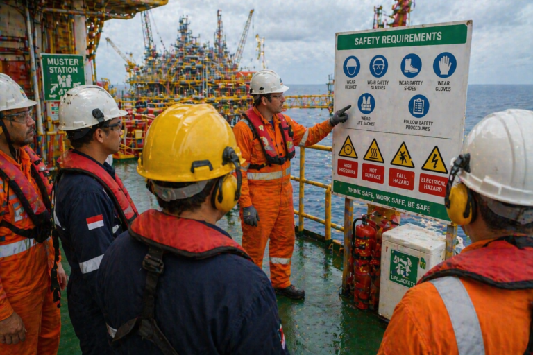 Two offshore workers in PPE on a platform reviewing a large green-and-white safety sign with pictograms and instructions