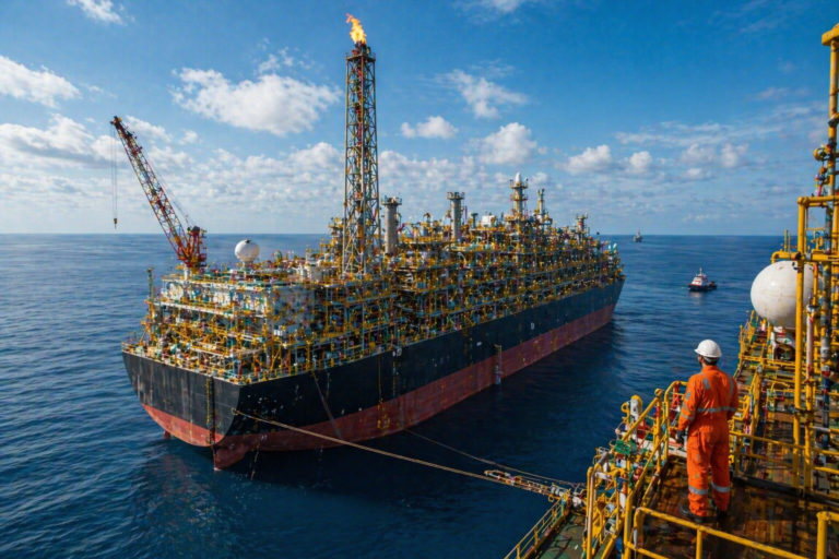 Large FPSO oil and gas vessel at sea with processing equipment, crane, and flare stack with a visible flame; seafarer in orange overalls on a yellow walkway in the foreground
