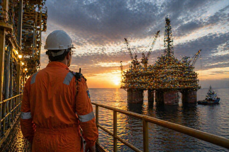 Offshore worker in orange PPE and a hard hat by a yellow handrail, looking at a large lit production platform at sunset