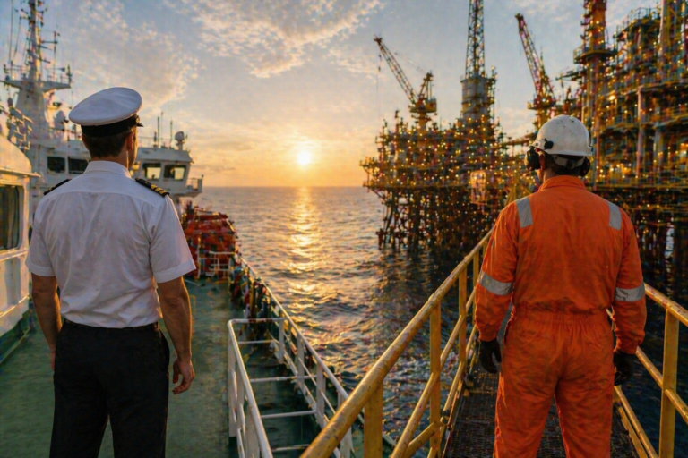 Ship officer in white uniform and a worker in orange coveralls on deck at a yellow railing, looking out to sea at sunset